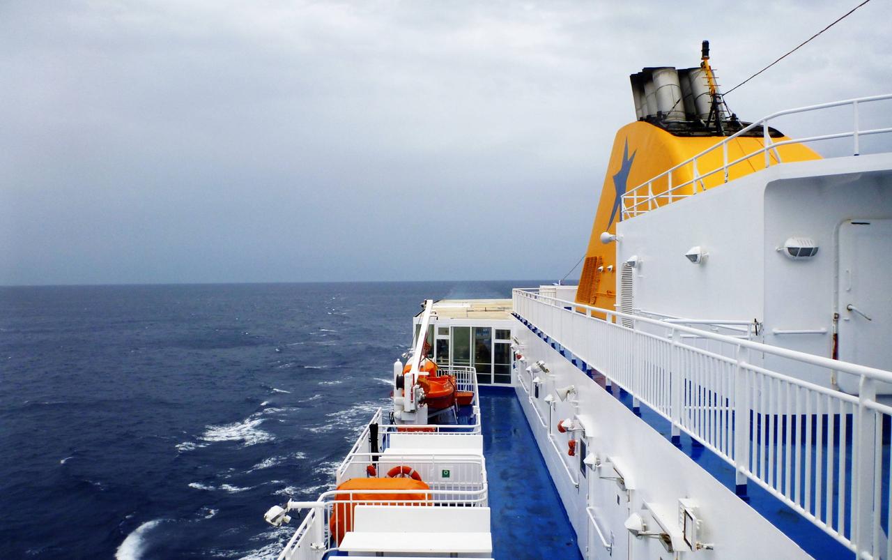 On the Blue Star ferry boat on a cloudy day.